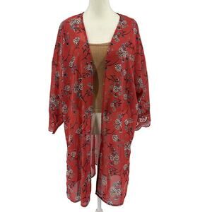 Wall Flowers Kimono Cardigan SZ XL Sheer Swim Cover Up Red Floral Crochet Trim